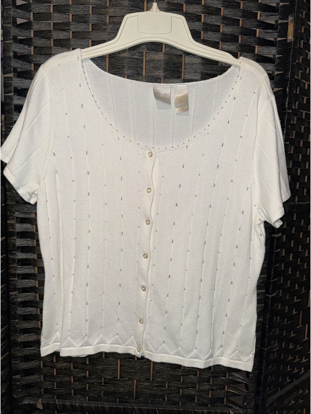 Emma James Large Button Down Front Sweater Top Short Sleeve Beaded Ivory